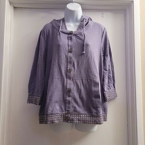 St. John sport purple button up hooded top with silver embellishments